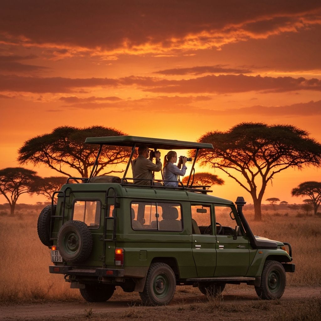 Safari vehicle at sunset